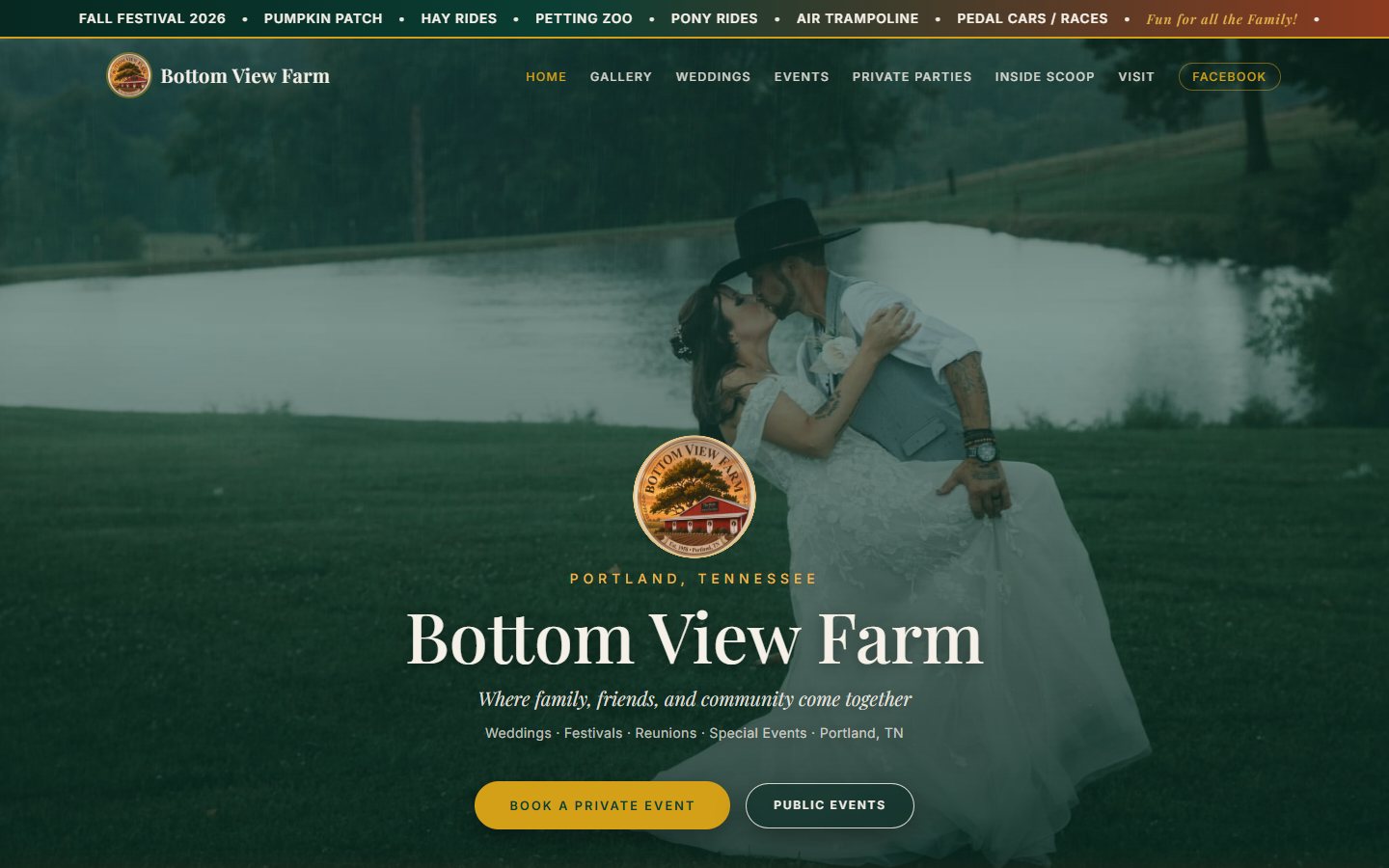 Bottom View Farm homepage — Portland Tennessee weddings, festivals, and events