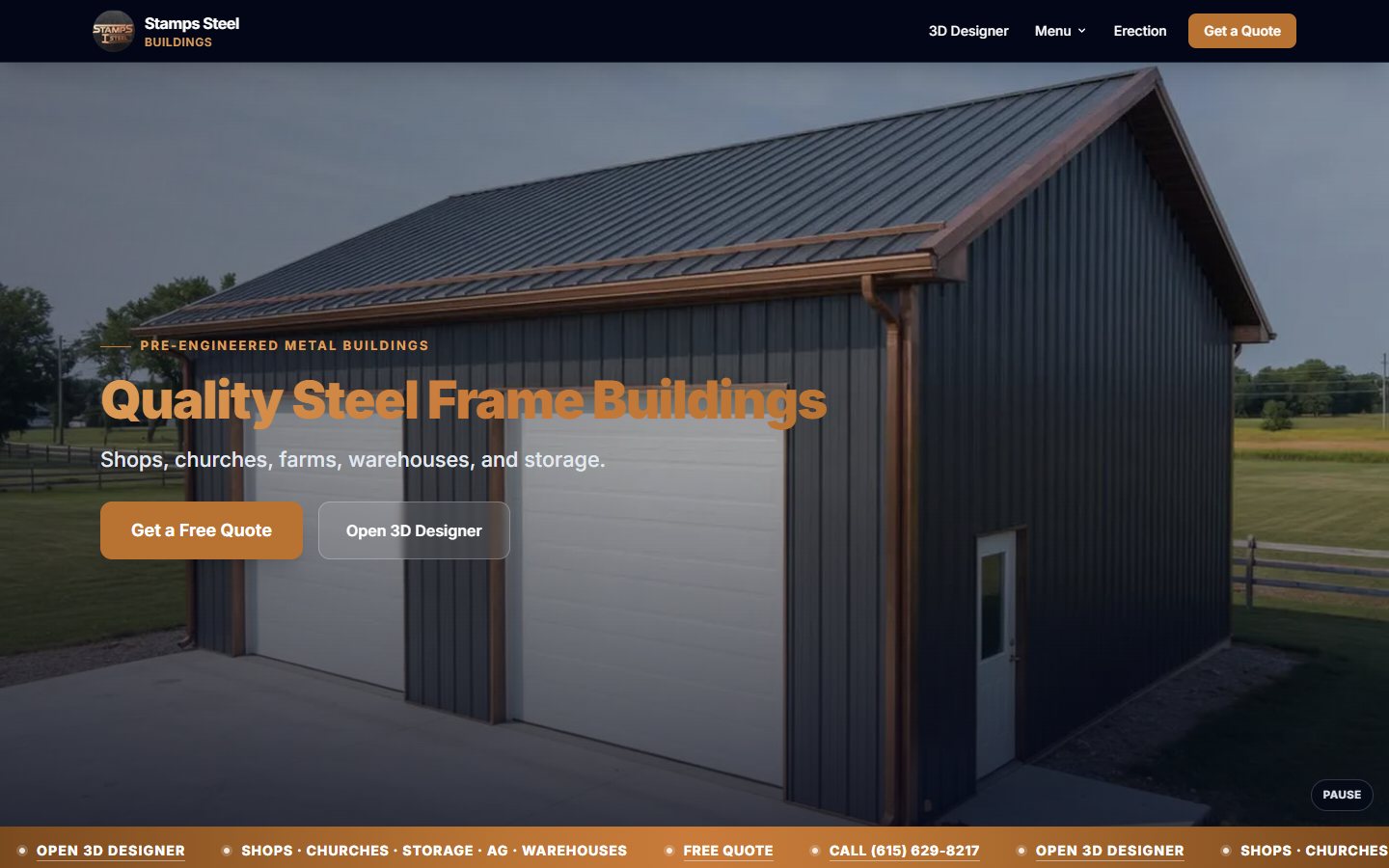 Stamps Steel Buildings homepage — quality steel frame buildings with quote and 3D designer